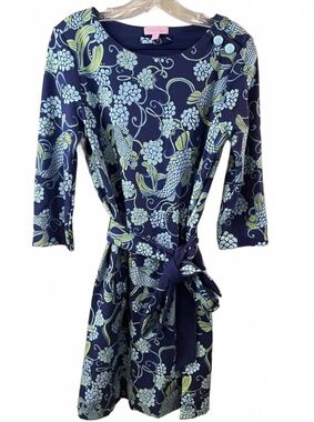 Lilly Pulitzer Blue Don't Be Koi 3/4 Sleeve Ponte Jonah Shift Belted Dress- S